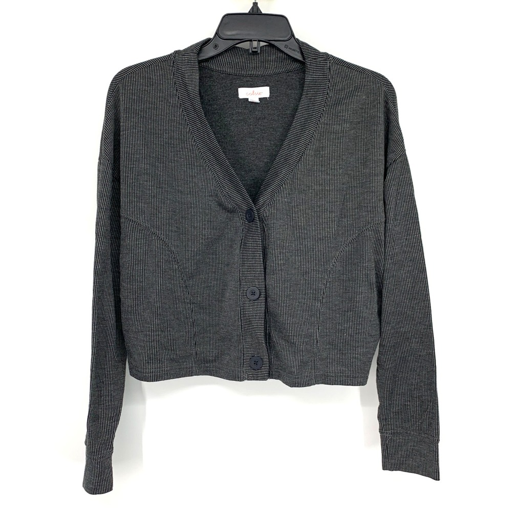 Colsie Cardigan Cropped Gray Ribbed Button V Neck Lightweight - Picture 2 of 12